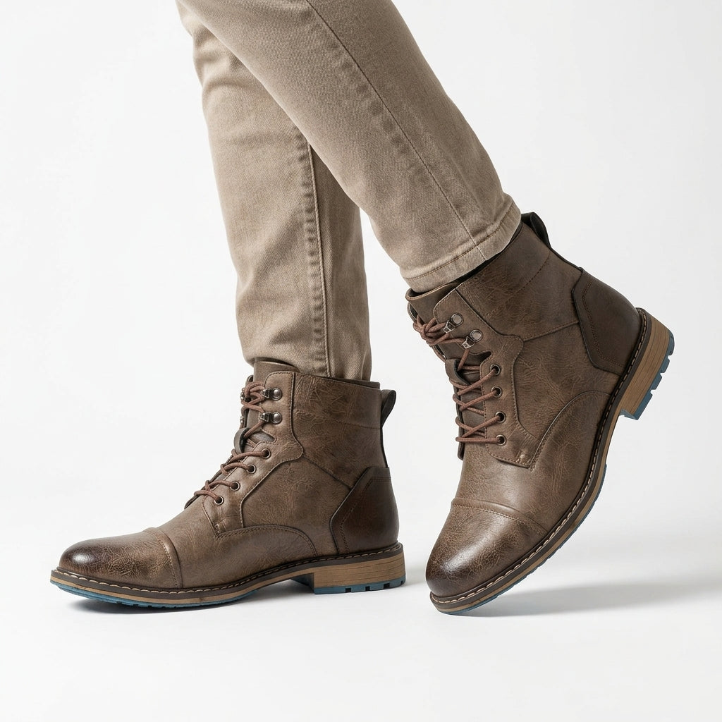 Cap-Toe Leather Lace-Up Combat Boots with Lug Sole