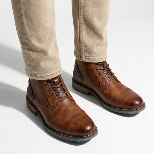 Cap-Toe Leather Lace-Up Combat Boots with Lug Sole
