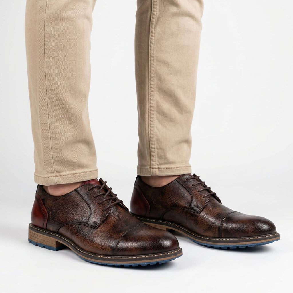 Cap-Toe Leather Derby Shoes with Lug Sole for Men