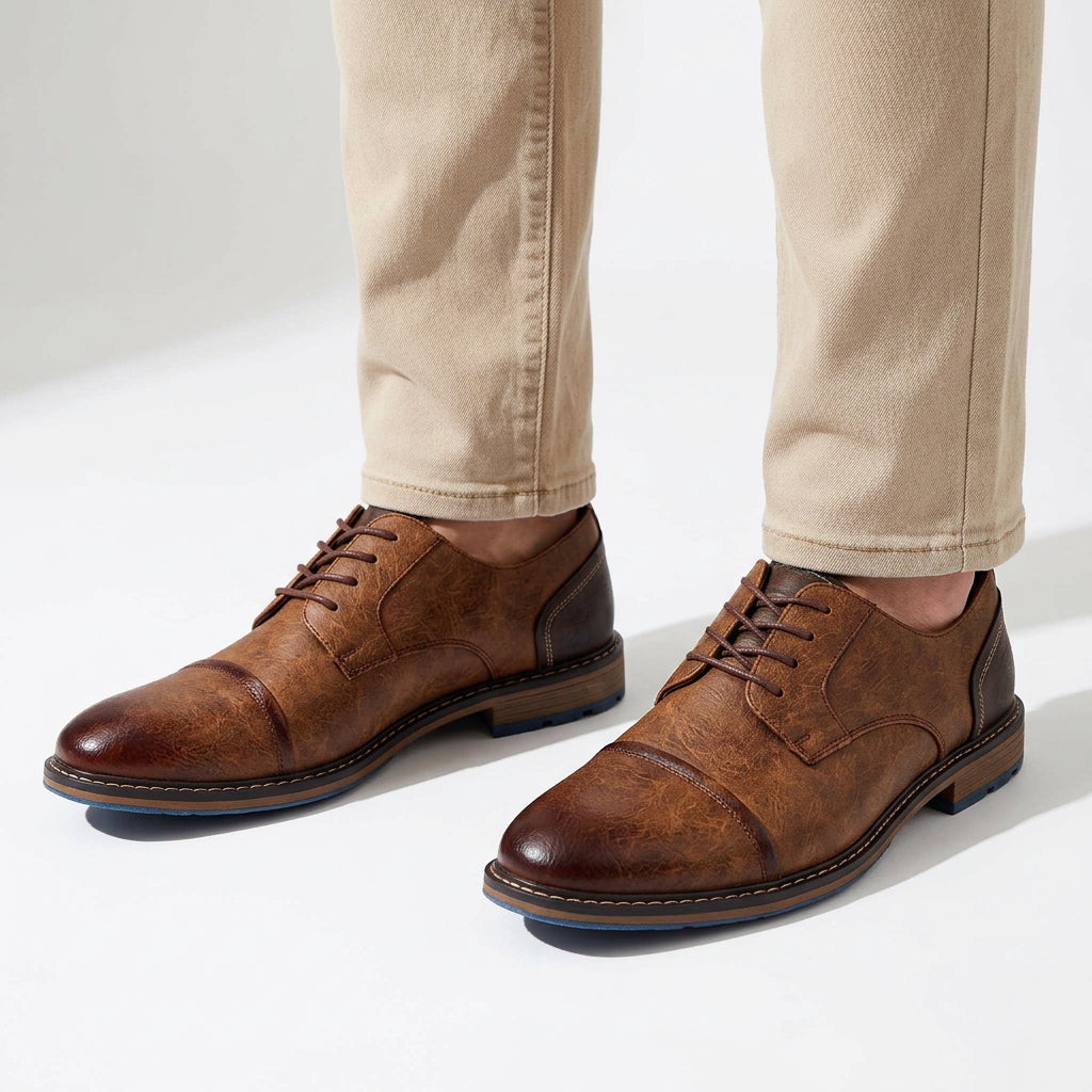 Cap-Toe Leather Derby Shoes with Lug Sole for Men