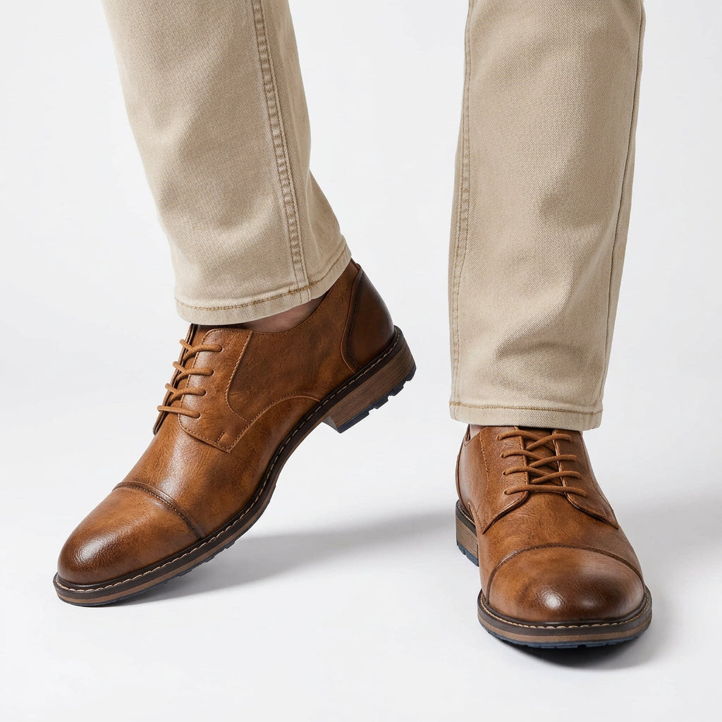 Cap-Toe Leather Derby Shoes with Lug Sole for Men
