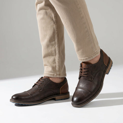 Cap-Toe Leather Derby Shoes with Lug Sole for Men