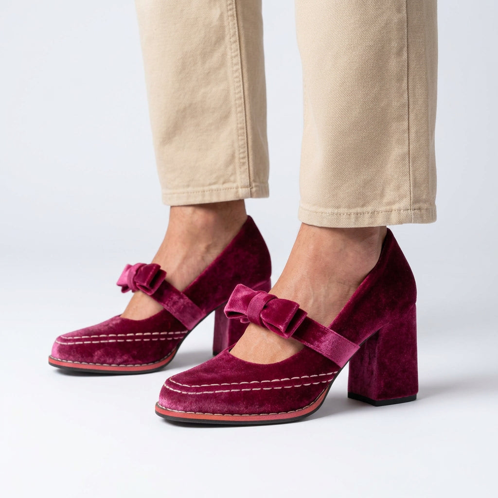 Velvet Bow Mary Jane Block Heel Pumps