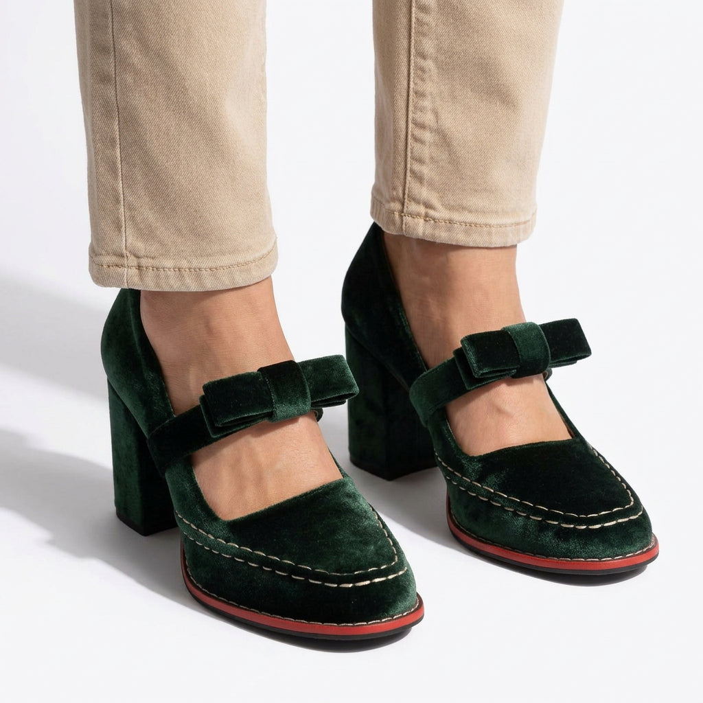 Velvet Bow Mary Jane Block Heel Pumps