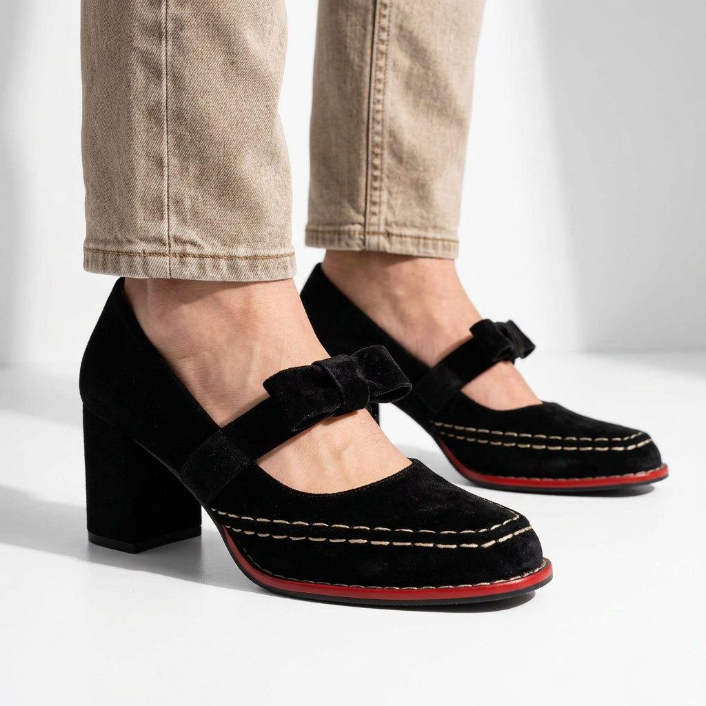 Velvet Bow Mary Jane Block Heel Pumps