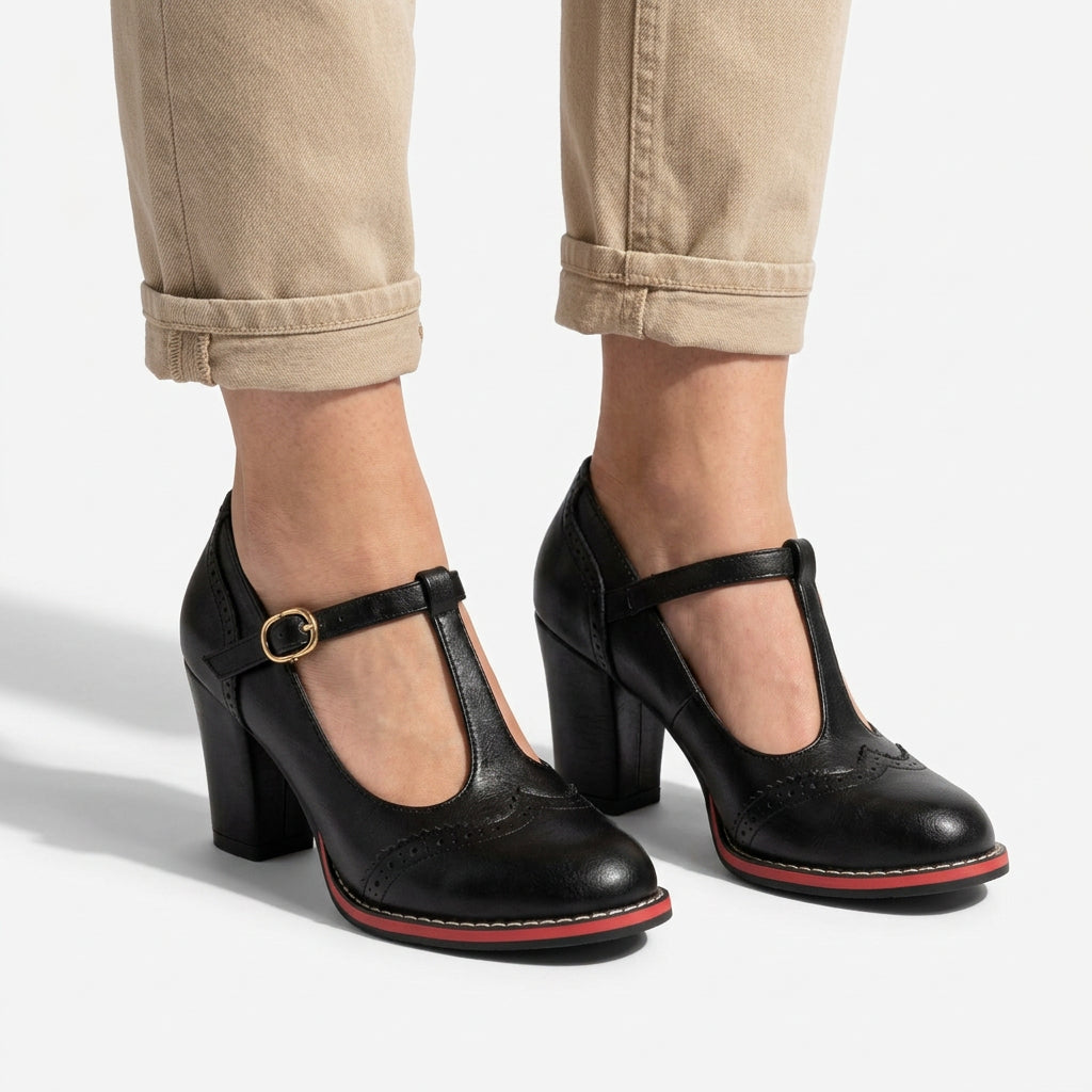 T-Bar Brogue Block Heel Mary Jane Pumps