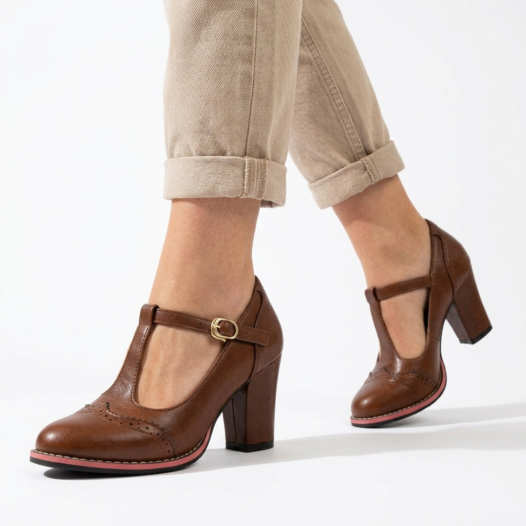 T-Bar Brogue Block Heel Mary Jane Pumps