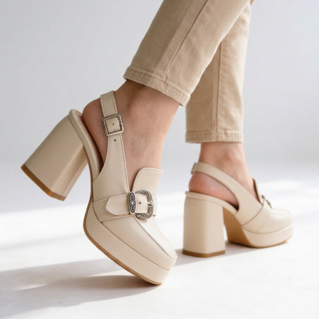Western Buckle Platform Slingback Heels