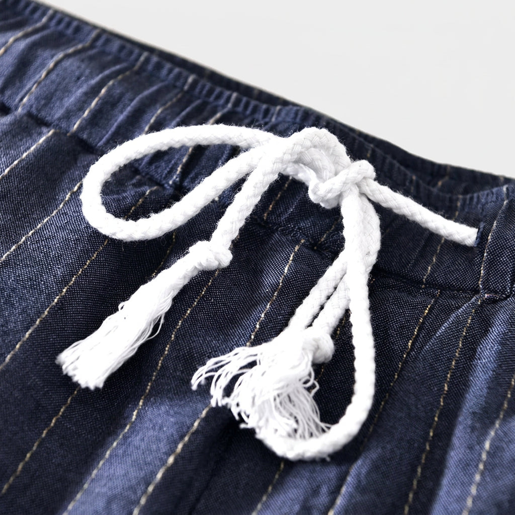 Striped Linen Drawstring Shorts with Turn-Up Hem