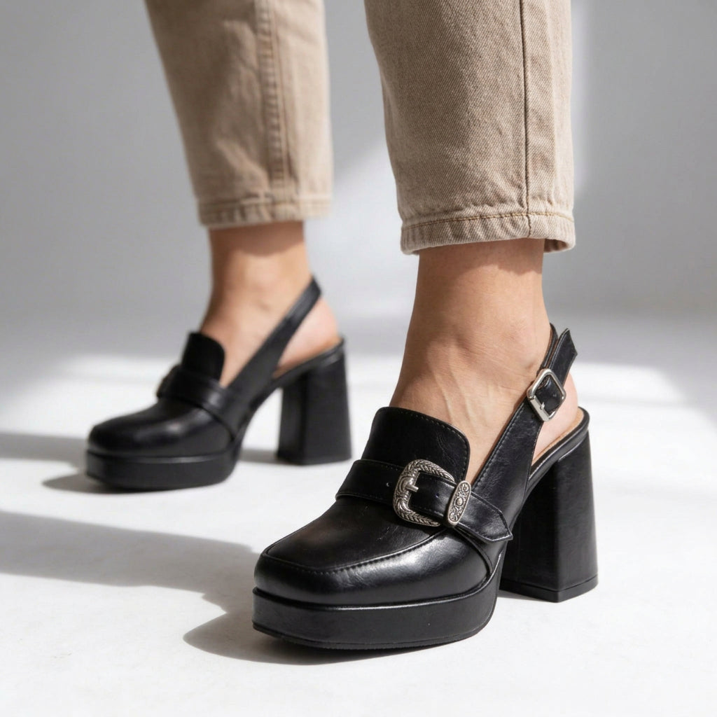 Western Buckle Platform Slingback Heels