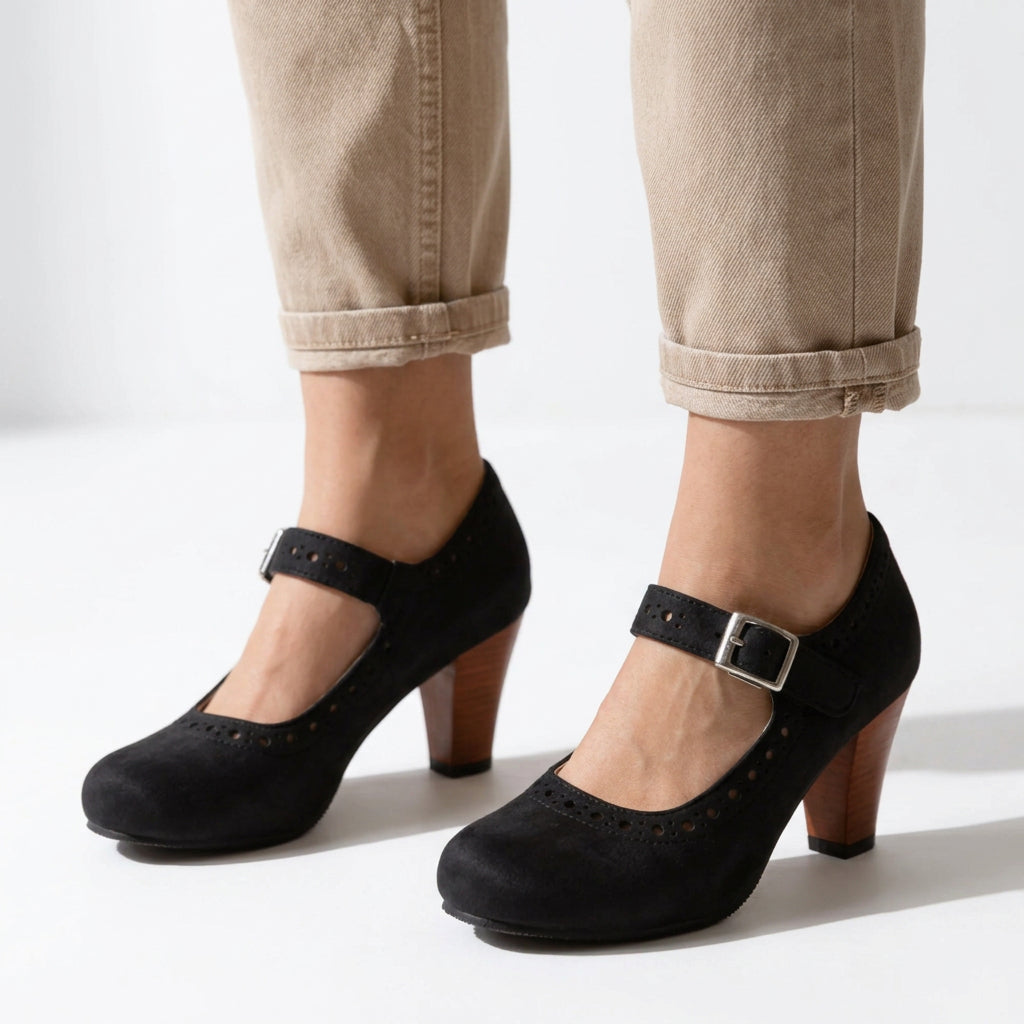 Suede Brogue Mary Jane Cone Heel Pumps