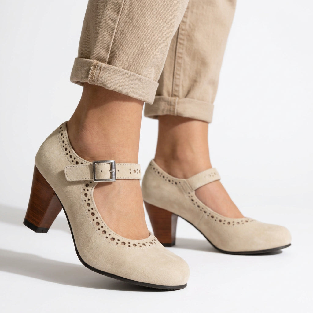 Suede Brogue Mary Jane Cone Heel Pumps