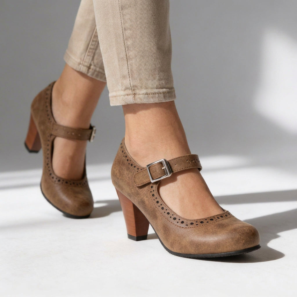 Suede Brogue Mary Jane Cone Heel Pumps