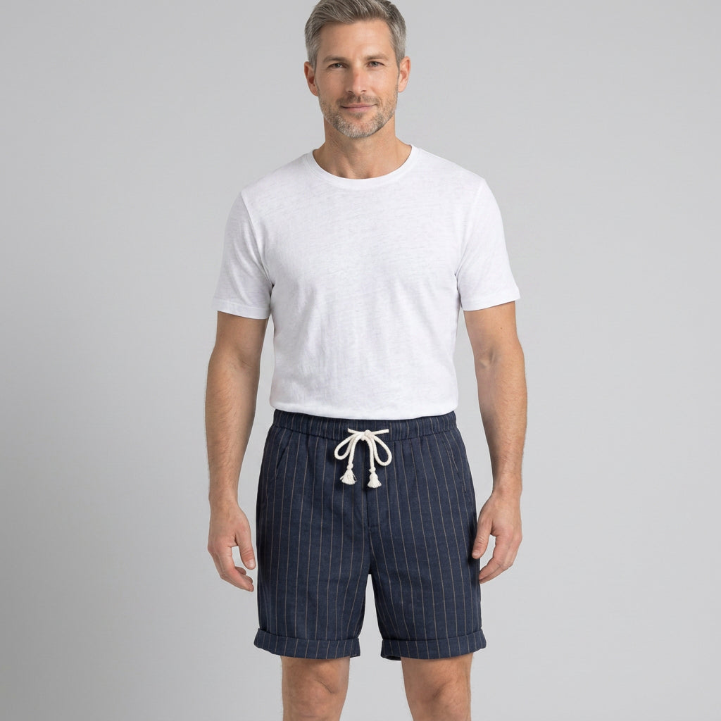 Striped Linen Drawstring Shorts with Turn-Up Hem