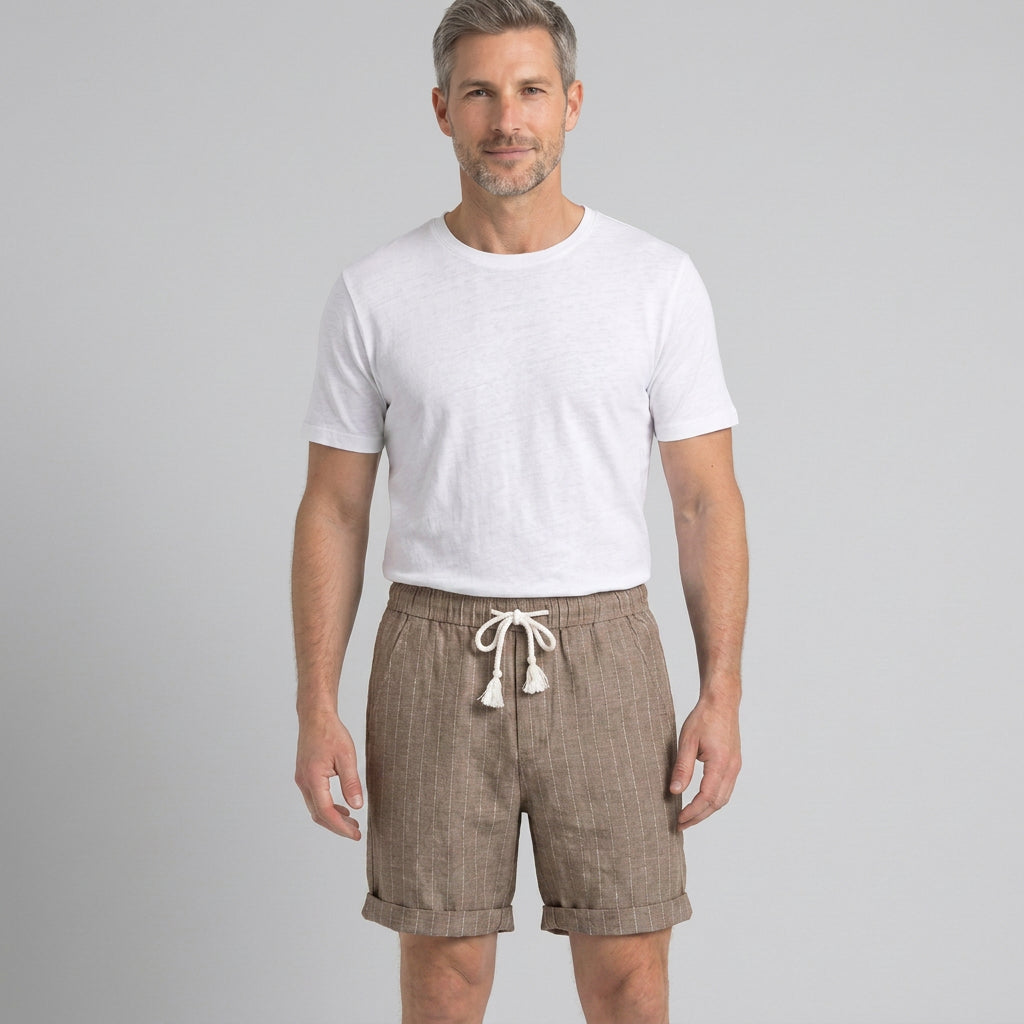 Striped Linen Drawstring Shorts with Turn-Up Hem