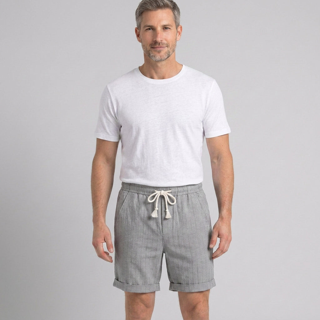 Striped Linen Drawstring Shorts with Turn-Up Hem