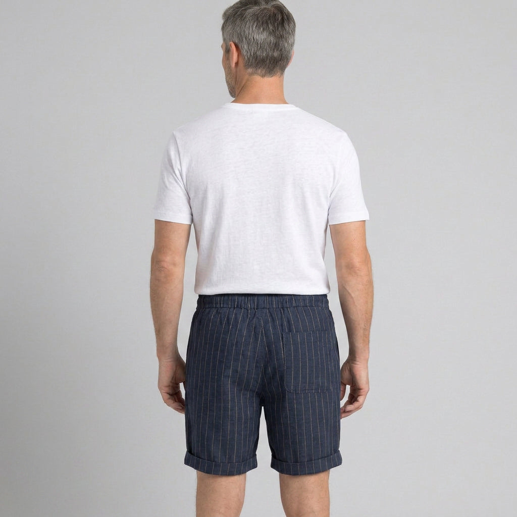 Striped Linen Drawstring Shorts with Turn-Up Hem