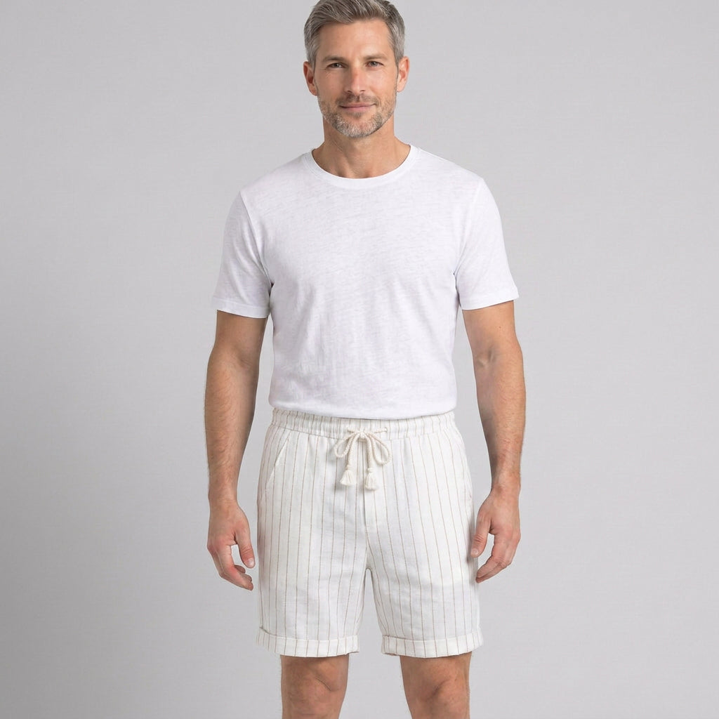 Striped Linen Drawstring Shorts with Turn-Up Hem