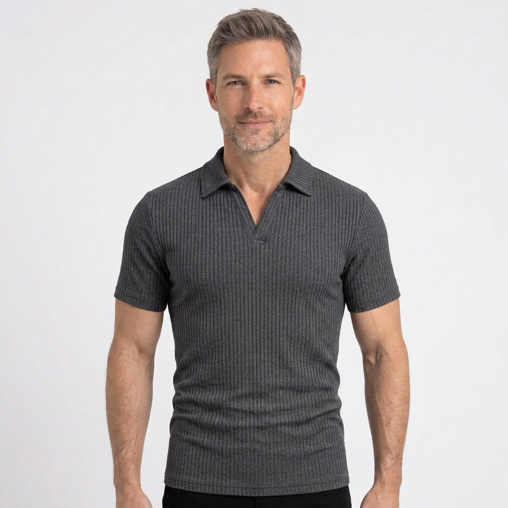Ribbed Knit Johnny Collar Polo Shirt for Men