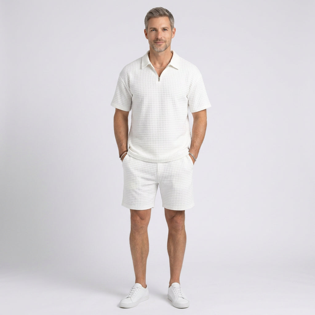 Waffle Knit Zip Polo and Shorts Co-Ord Set for Men