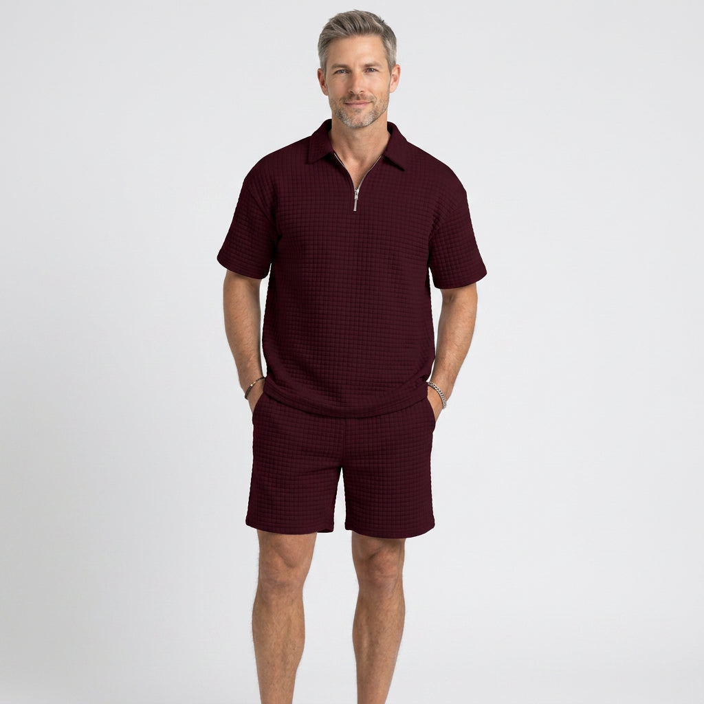 Waffle Knit Zip Polo and Shorts Co-Ord Set for Men