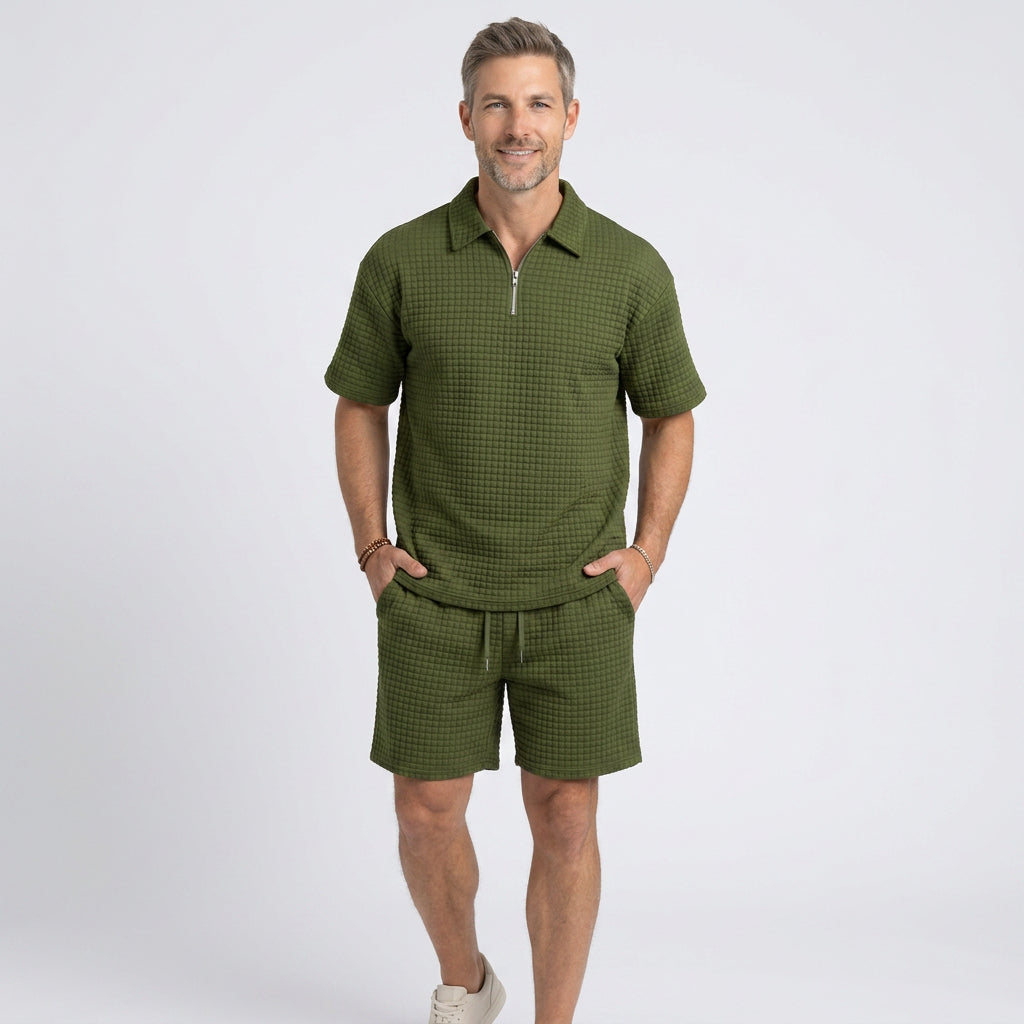 Waffle Knit Zip Polo and Shorts Co-Ord Set for Men