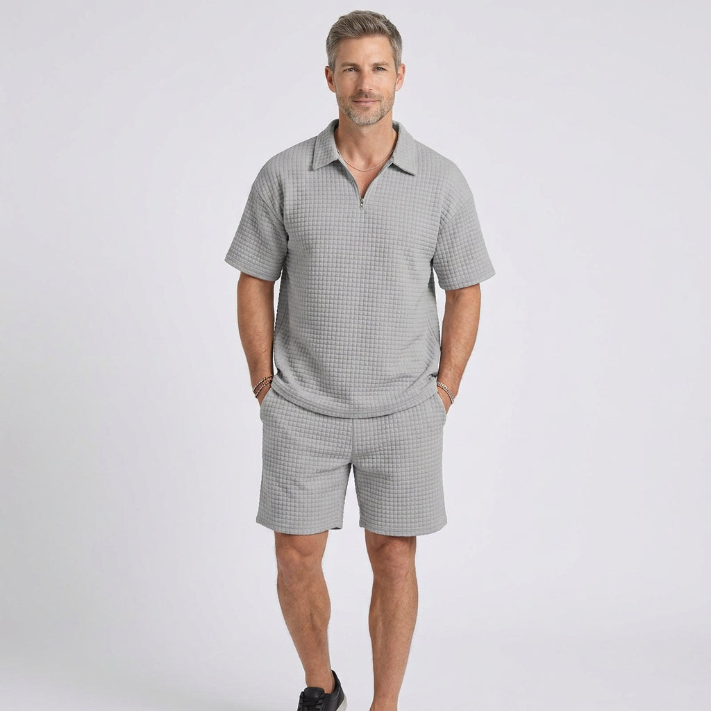Waffle Knit Zip Polo and Shorts Co-Ord Set for Men