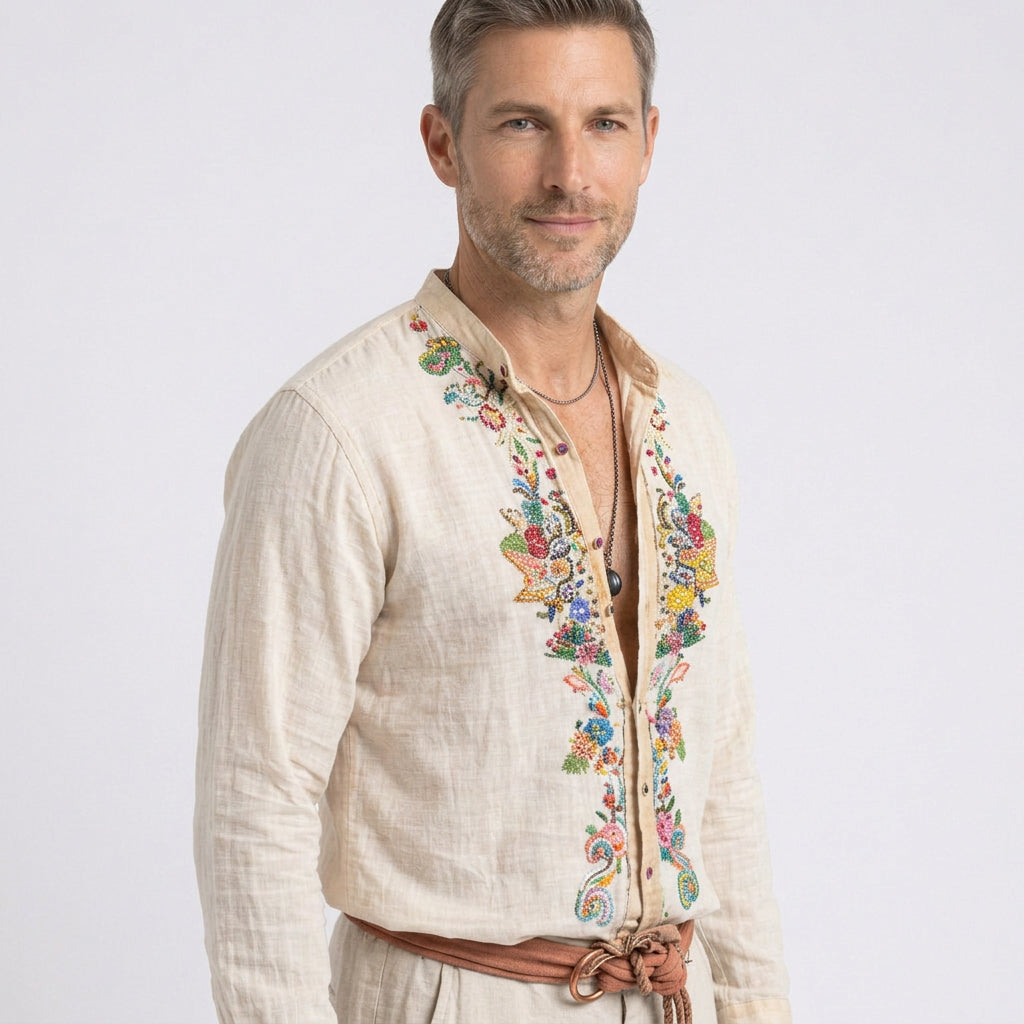 Floral Embroidered Linen Blend Bohemian Shirt