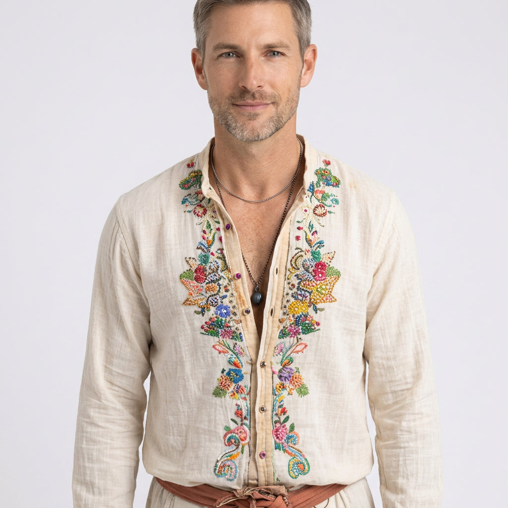 Floral Embroidered Linen Blend Bohemian Shirt
