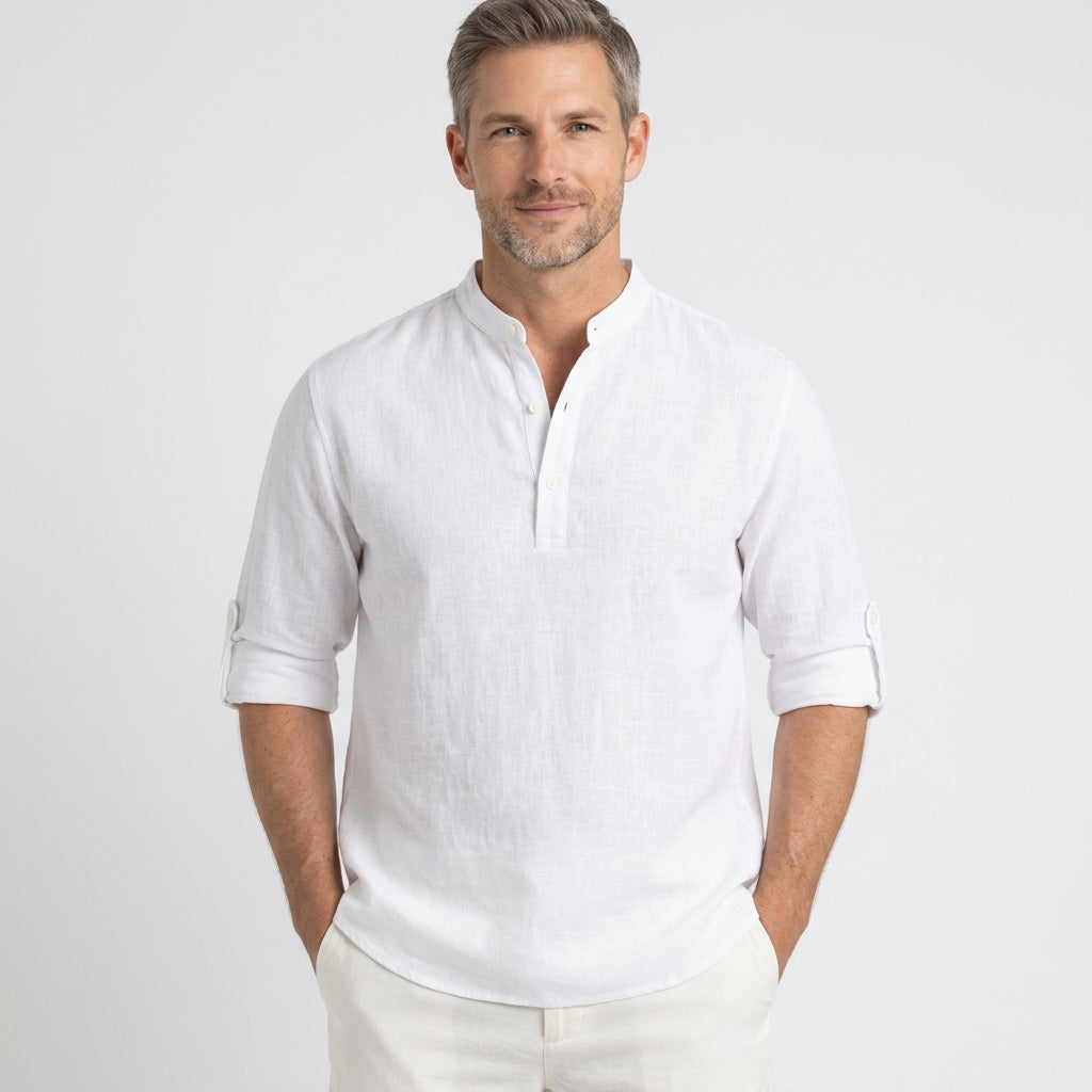 Linen Blend Long Sleeve Henley with Grandad Collar