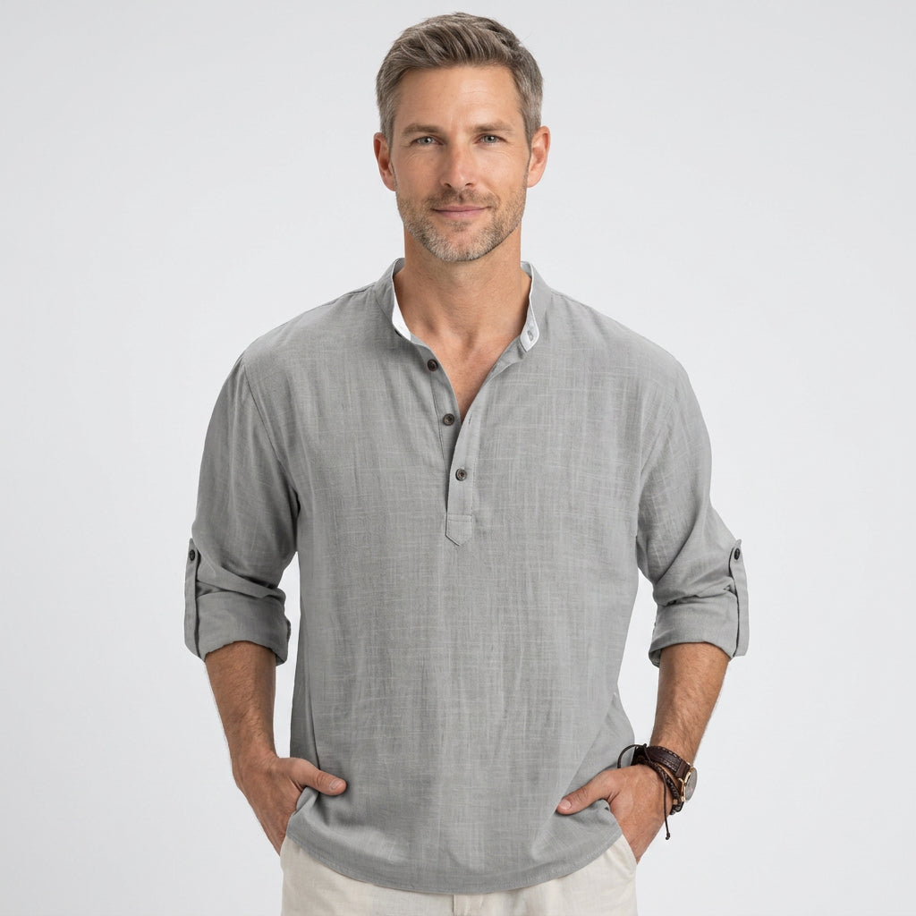 Linen Blend Long Sleeve Henley with Grandad Collar