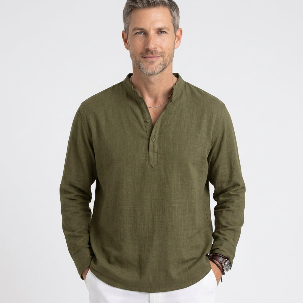 Linen Blend Long Sleeve Henley with Grandad Collar