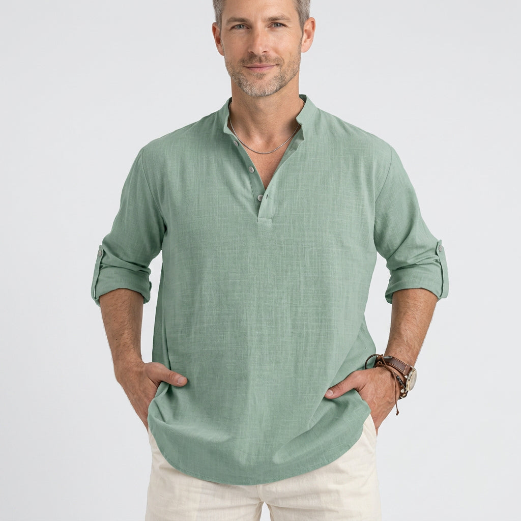 Linen Blend Long Sleeve Henley with Grandad Collar