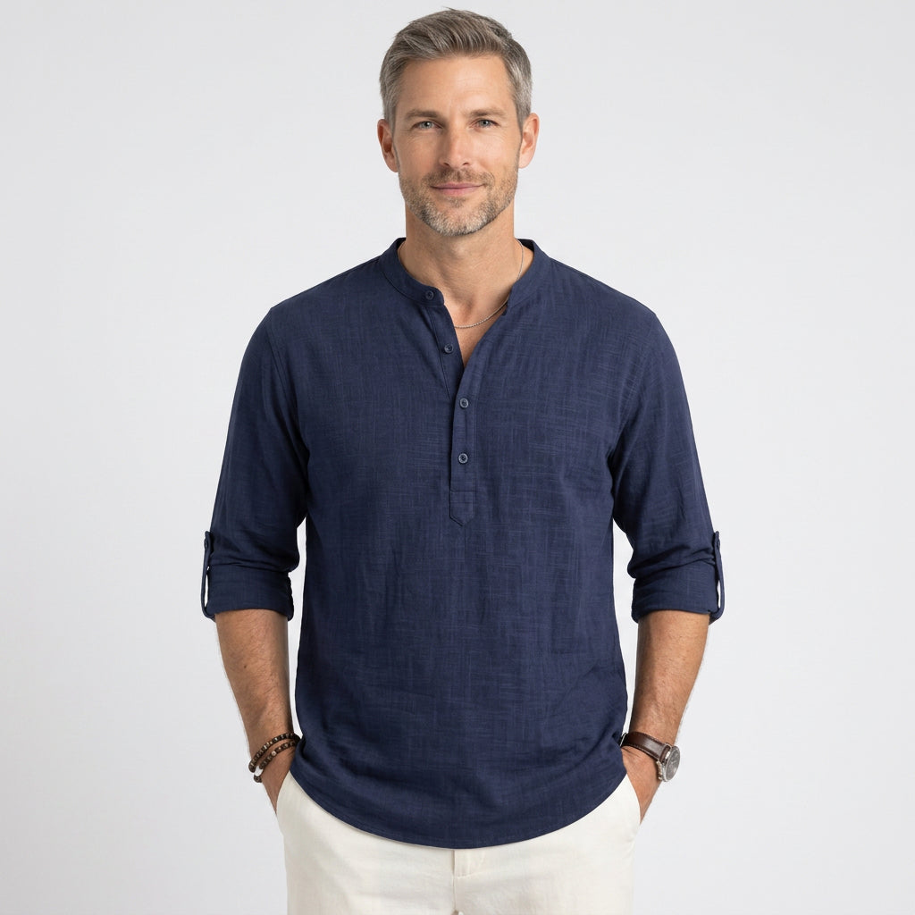 Linen Blend Long Sleeve Henley with Grandad Collar