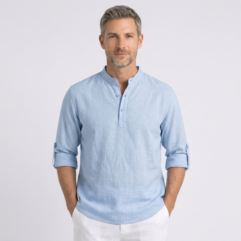 Linen Blend Long Sleeve Henley with Grandad Collar