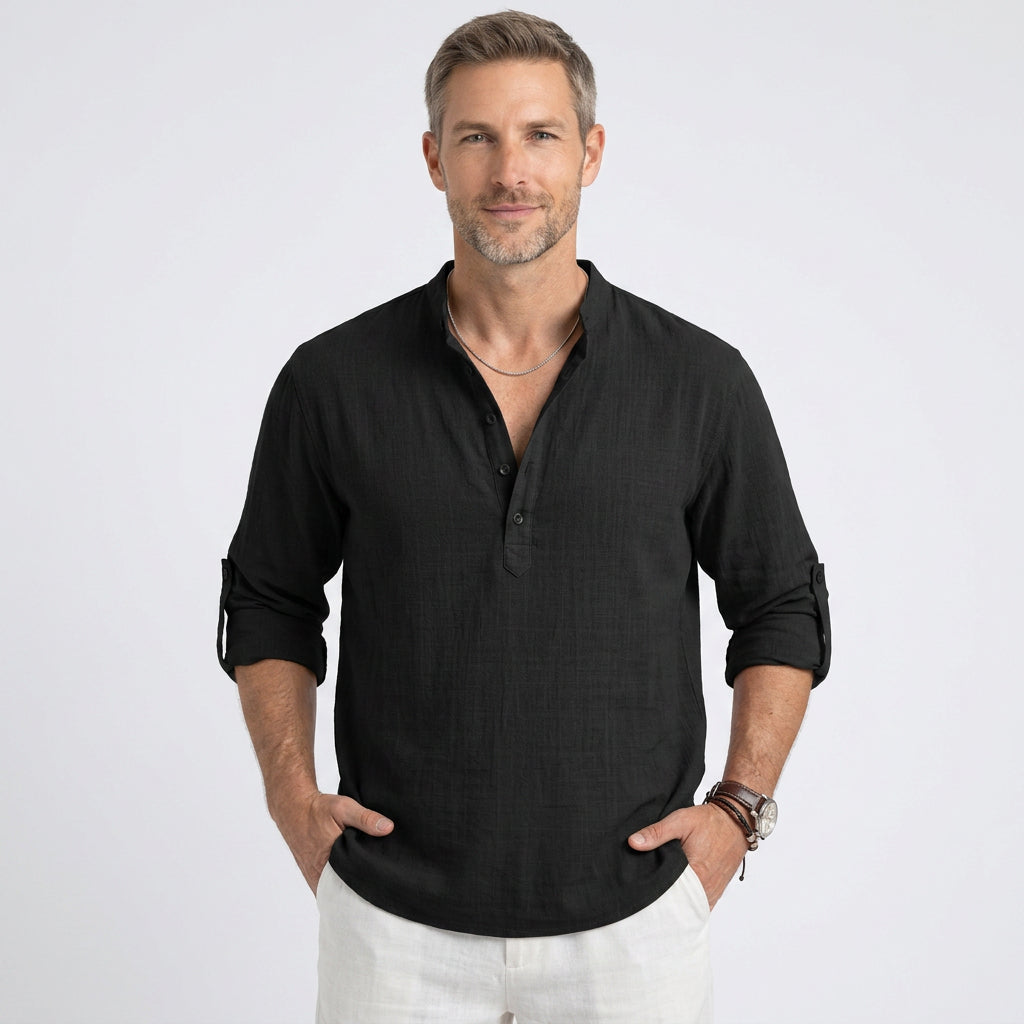 Linen Blend Long Sleeve Henley with Grandad Collar