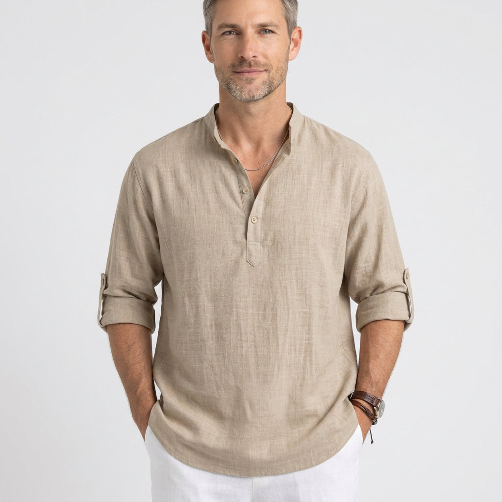 Linen Blend Long Sleeve Henley with Grandad Collar