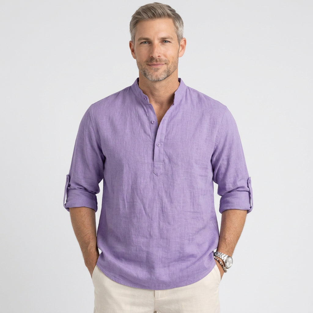 Linen Blend Long Sleeve Henley with Grandad Collar