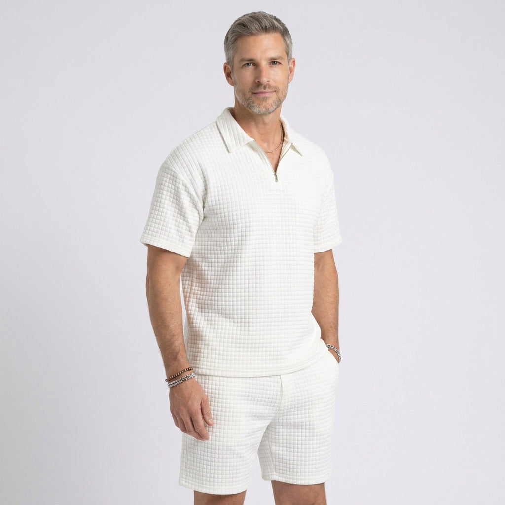 Waffle Knit Zip Polo and Shorts Co-Ord Set for Men