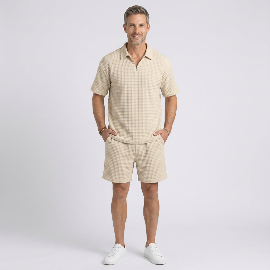 Waffle Knit Zip Polo and Shorts Co-Ord Set for Men