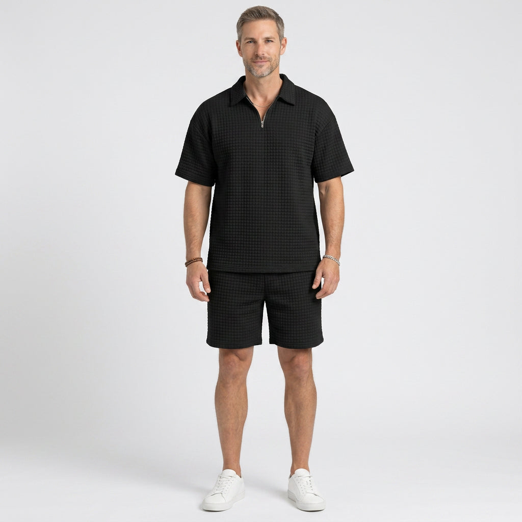 Waffle Knit Zip Polo and Shorts Co-Ord Set for Men