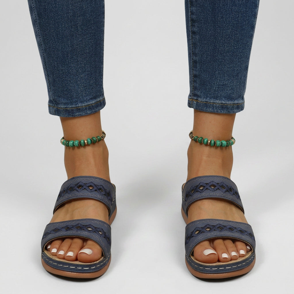 Double-Strap Cut-Out Wedge Slide Sandals