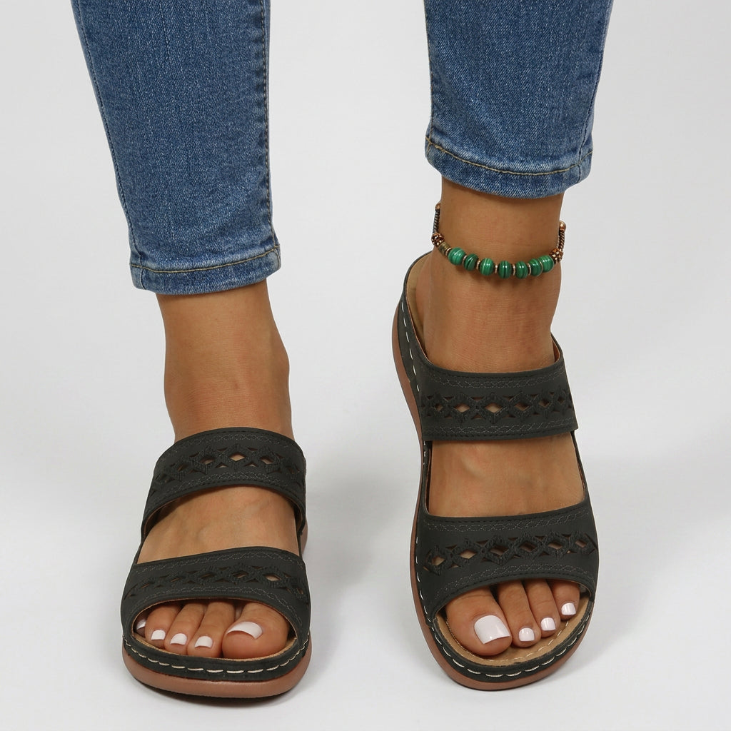 Double-Strap Cut-Out Wedge Slide Sandals