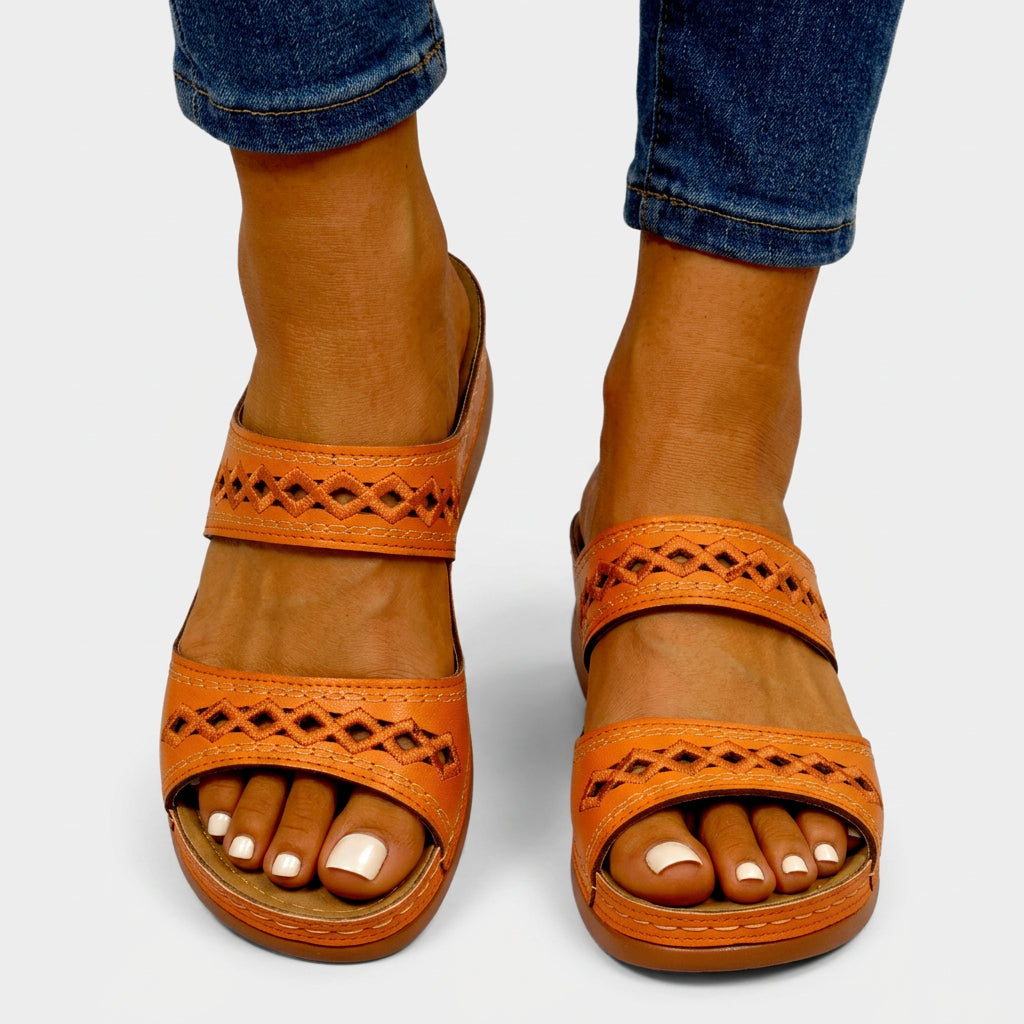 Double-Strap Cut-Out Wedge Slide Sandals