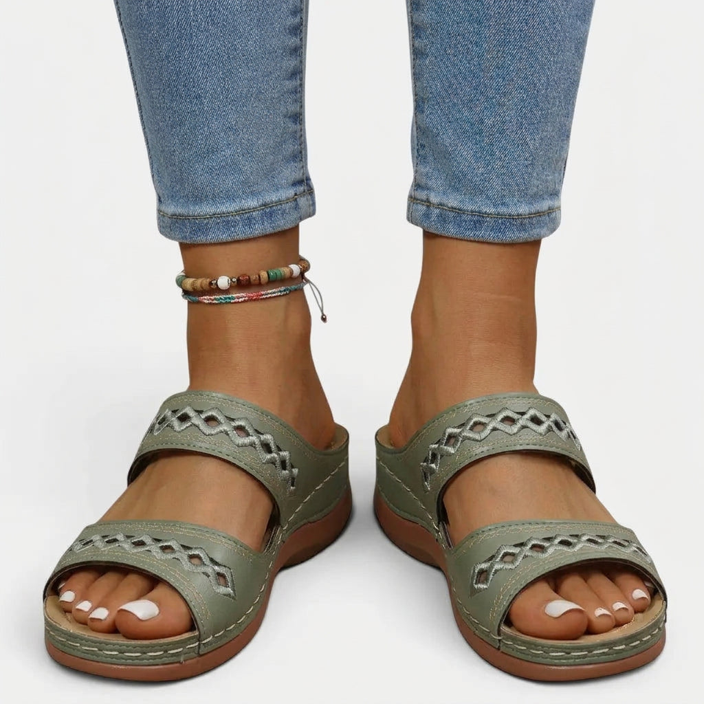 Double-Strap Cut-Out Wedge Slide Sandals