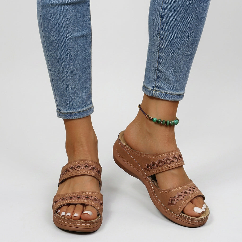 Double-Strap Cut-Out Wedge Slide Sandals