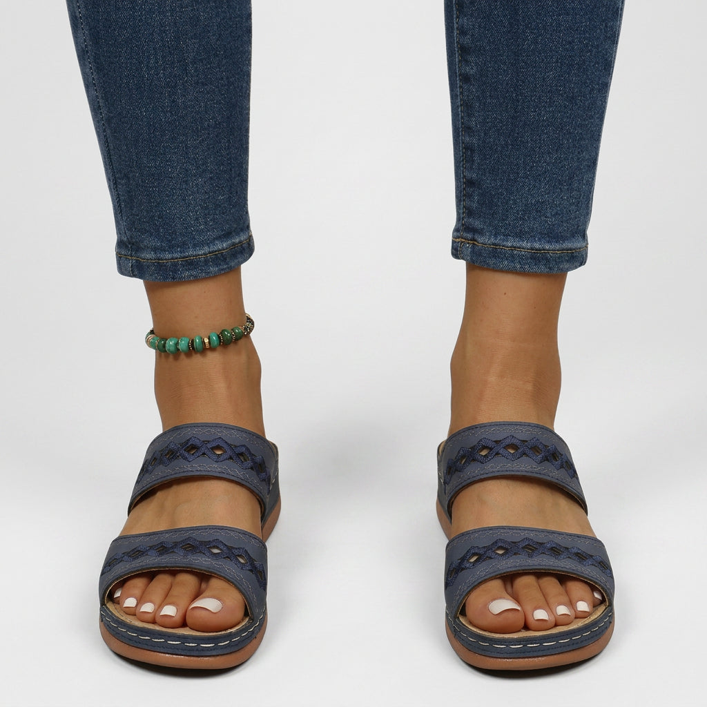 Double-Strap Cut-Out Wedge Slide Sandals
