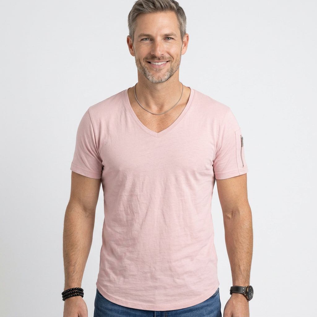 Slim Fit V-Neck T-Shirt with Zip Sleeve Detail