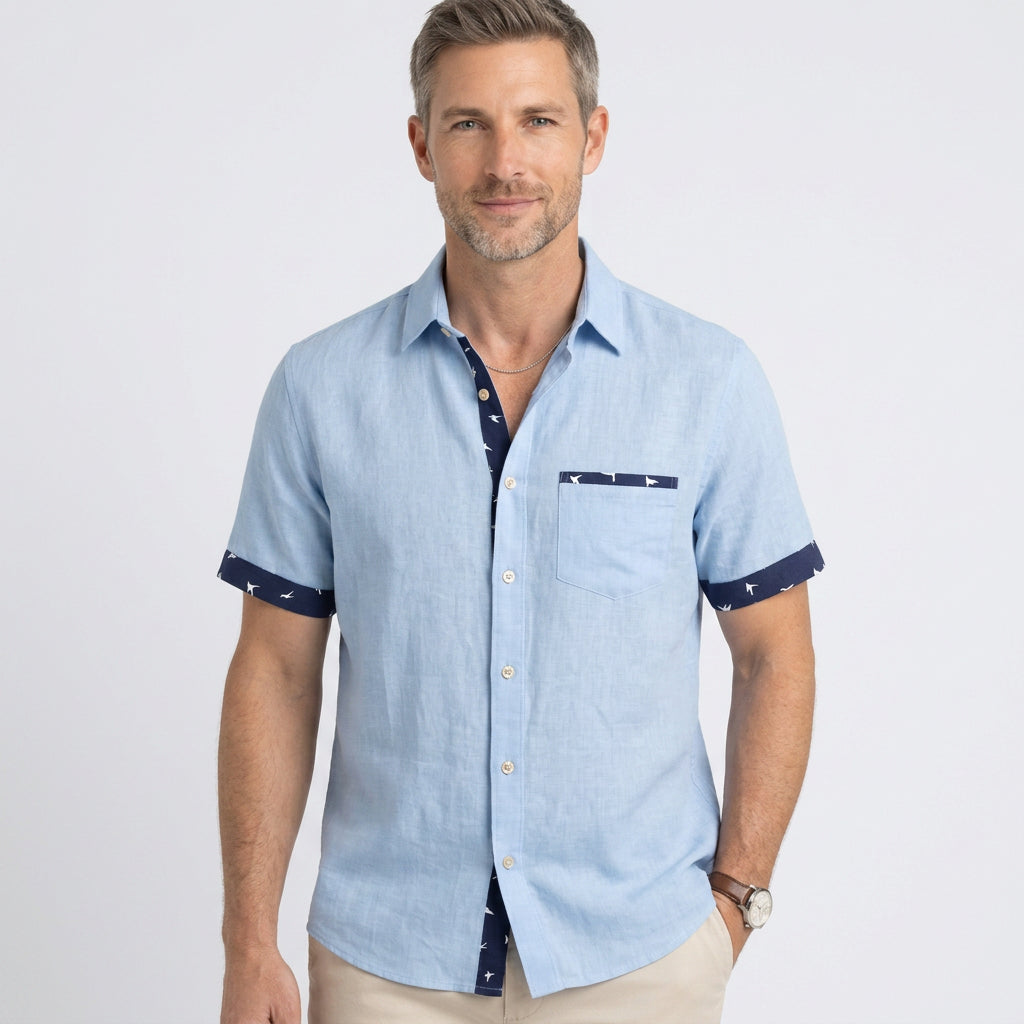 Short Sleeve Shirt with Contrast Bird Print Trim