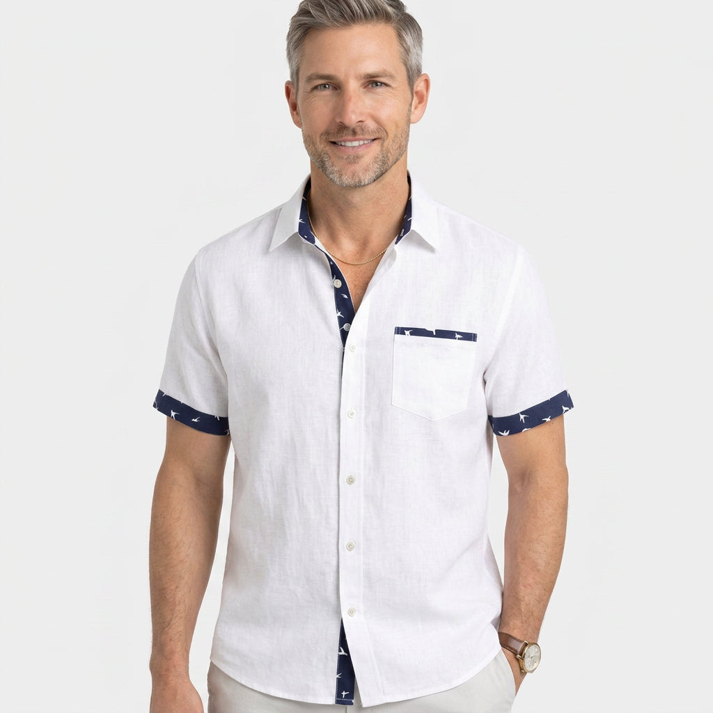 Short Sleeve Shirt with Contrast Bird Print Trim
